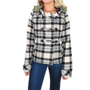 Y2K PINK Victoria’s Secret Black & White Plaid Coat Fur Hood Medium Preppy Rare